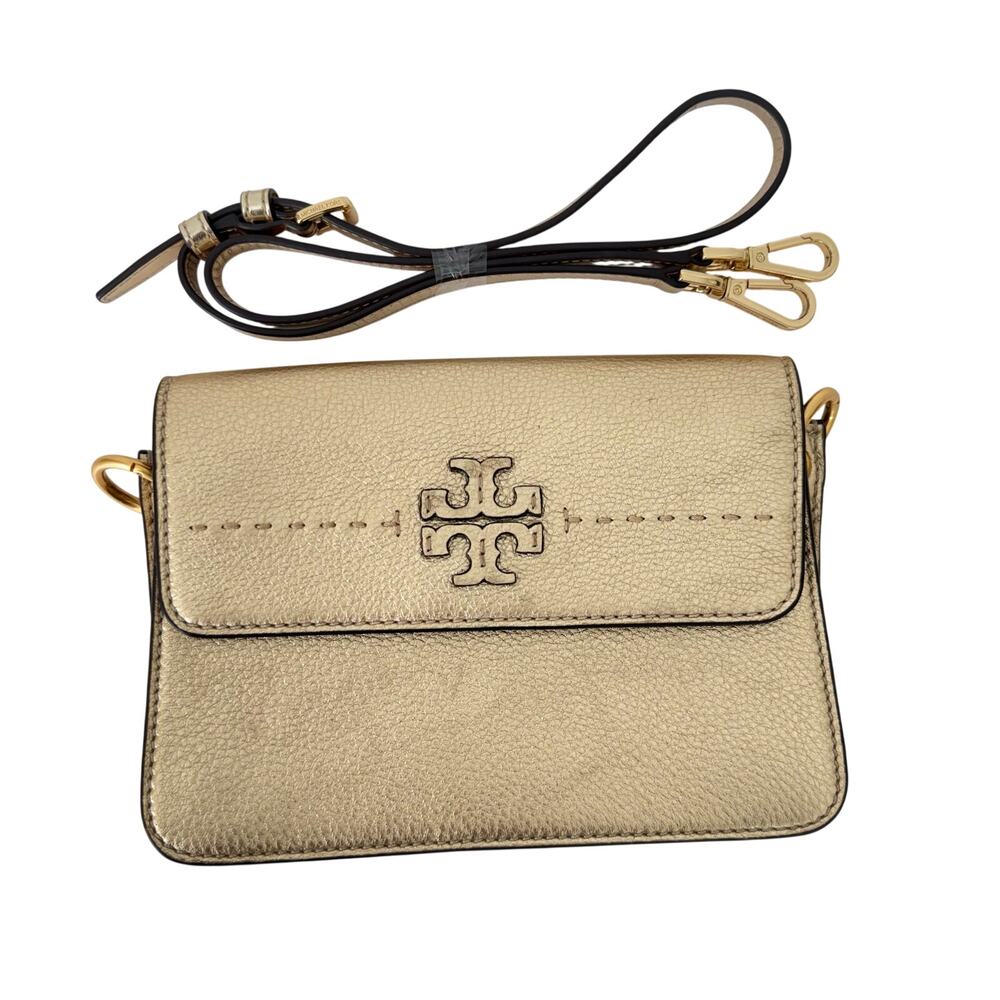 Tory Burch Metallic Gold Leather McGraw Shoulder Flap Bag